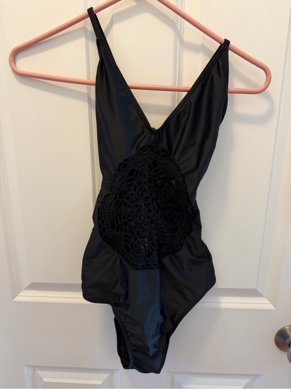 Black Crochet-Front women’s One-Piece Bodysuit